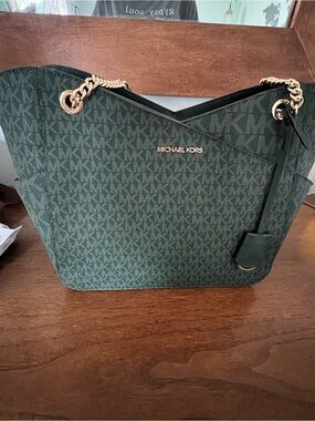 Michael Kors Dark Green MK Signature Chain-Handle Tote